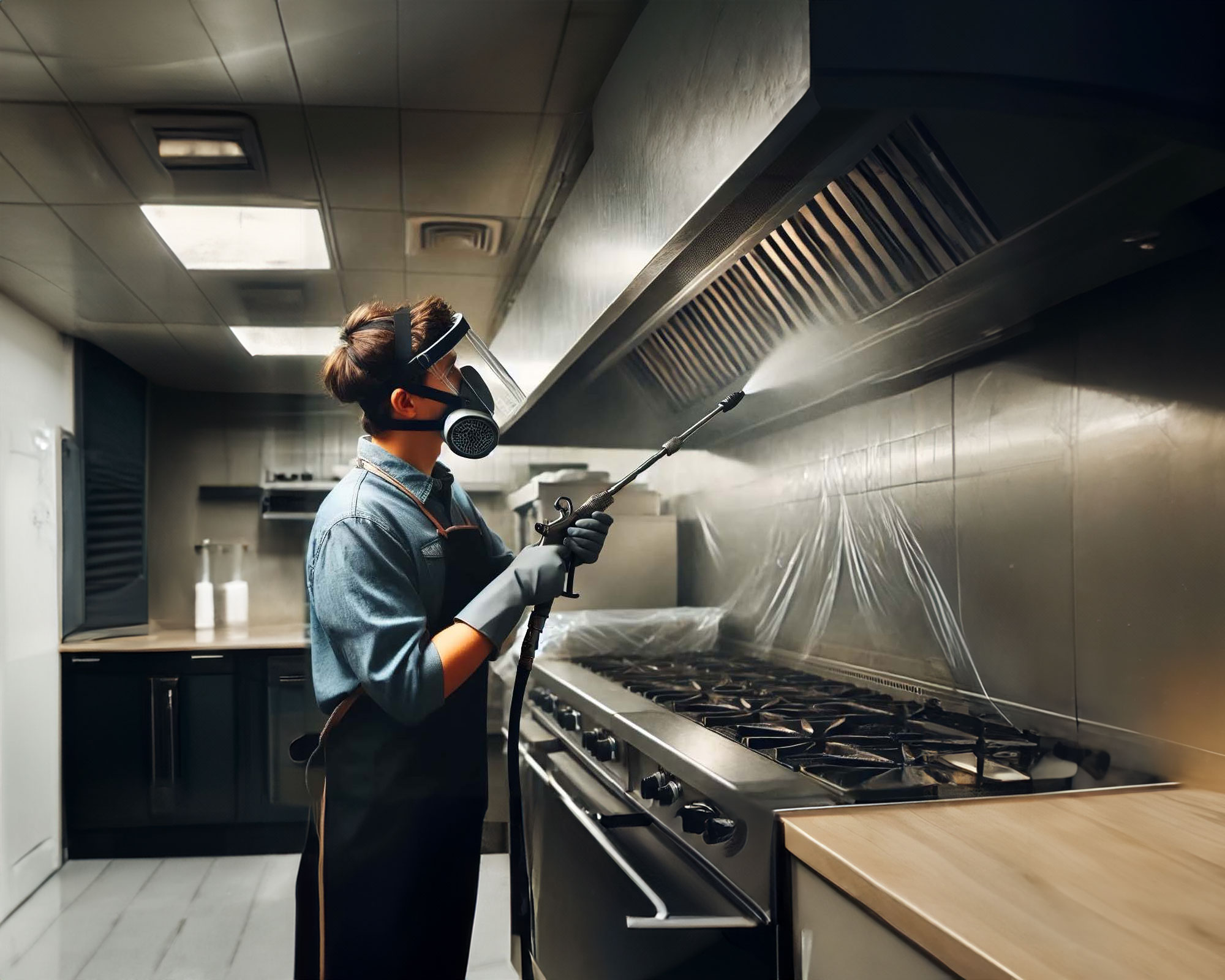 A professional cleaner cleaning grease from a restaurant kitchen stainless steel ventilation hood using a high pressure spray tool.