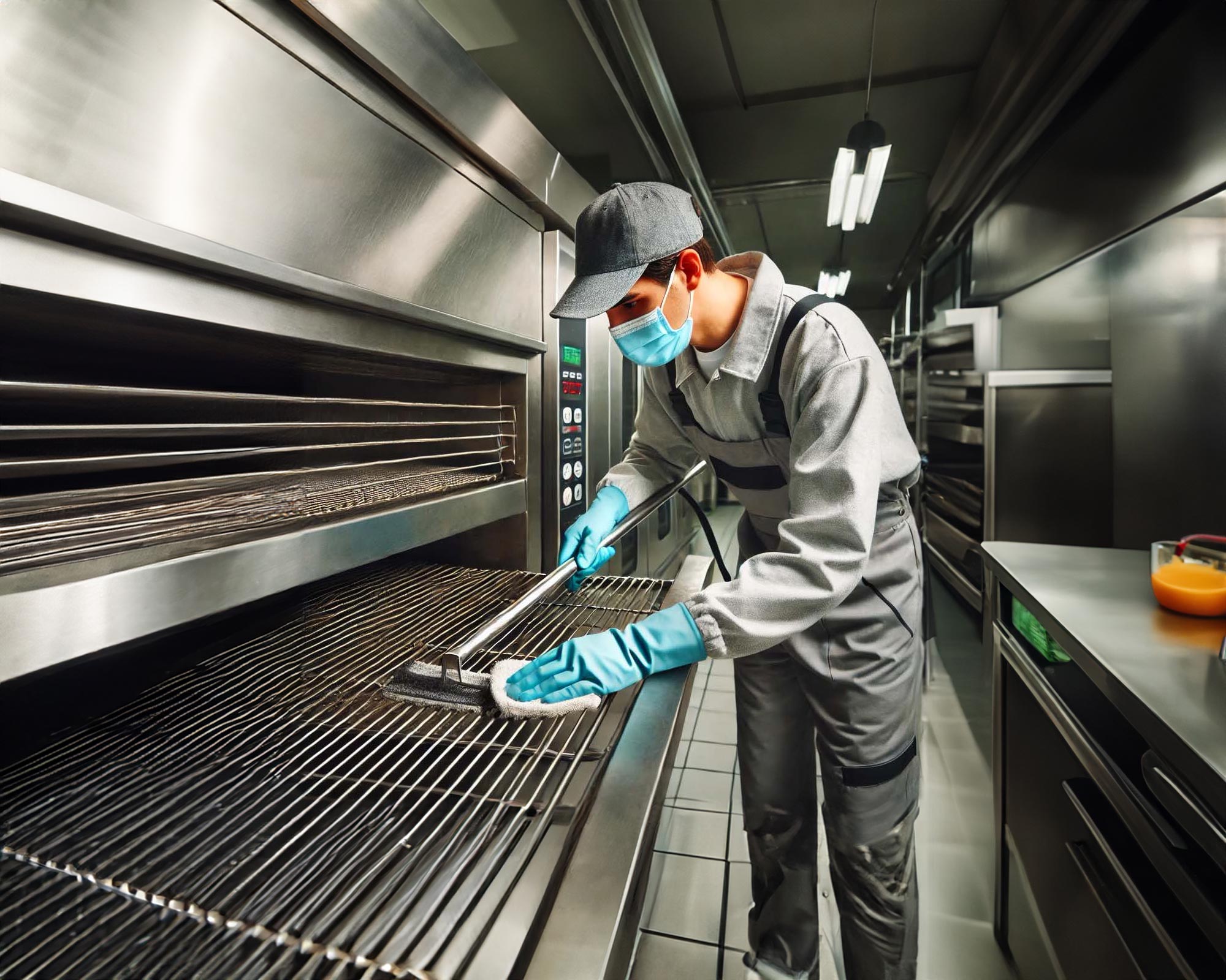 A professional cleaner cleaning a large industrial conveyor oven