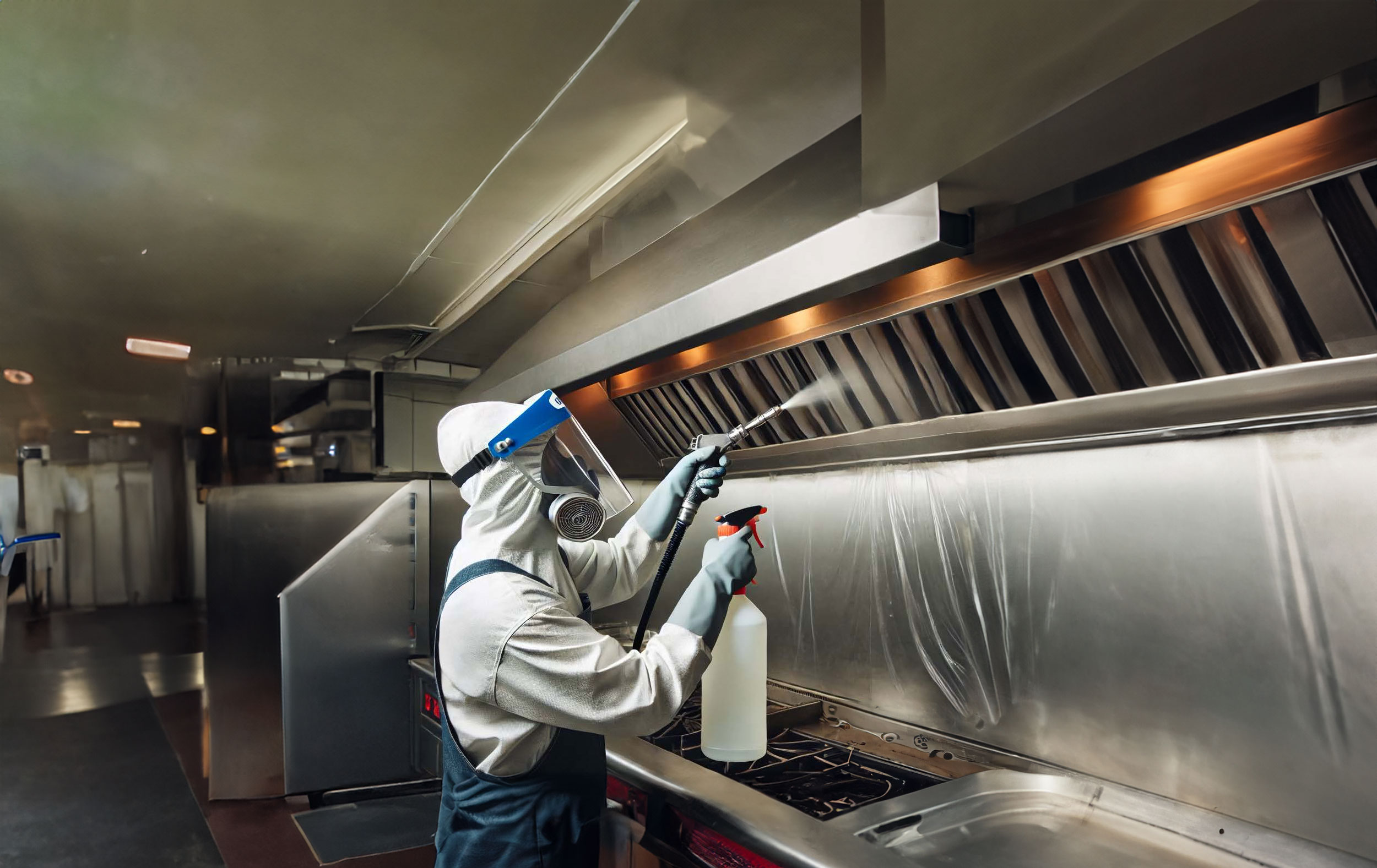 A professional cleaner cleaning an exhaust hood in a commercial restaurant kitchen.