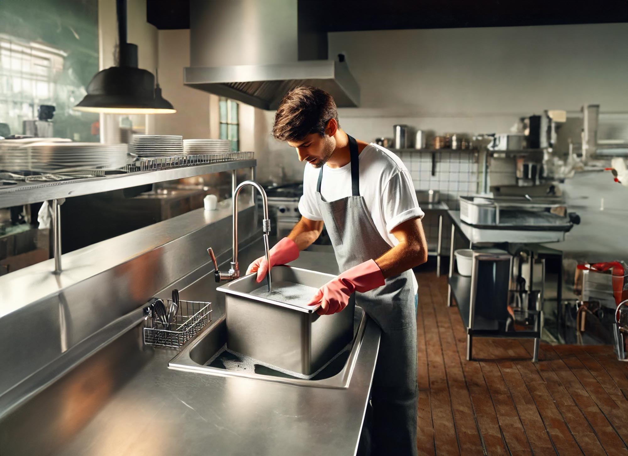 A-professional-cleaner-in-a-restaurant-environment-using-a-stainless-steel-soak-tank-for-cleaning-kitchen-equipment-such-as-trays,-pots,-and-utensils