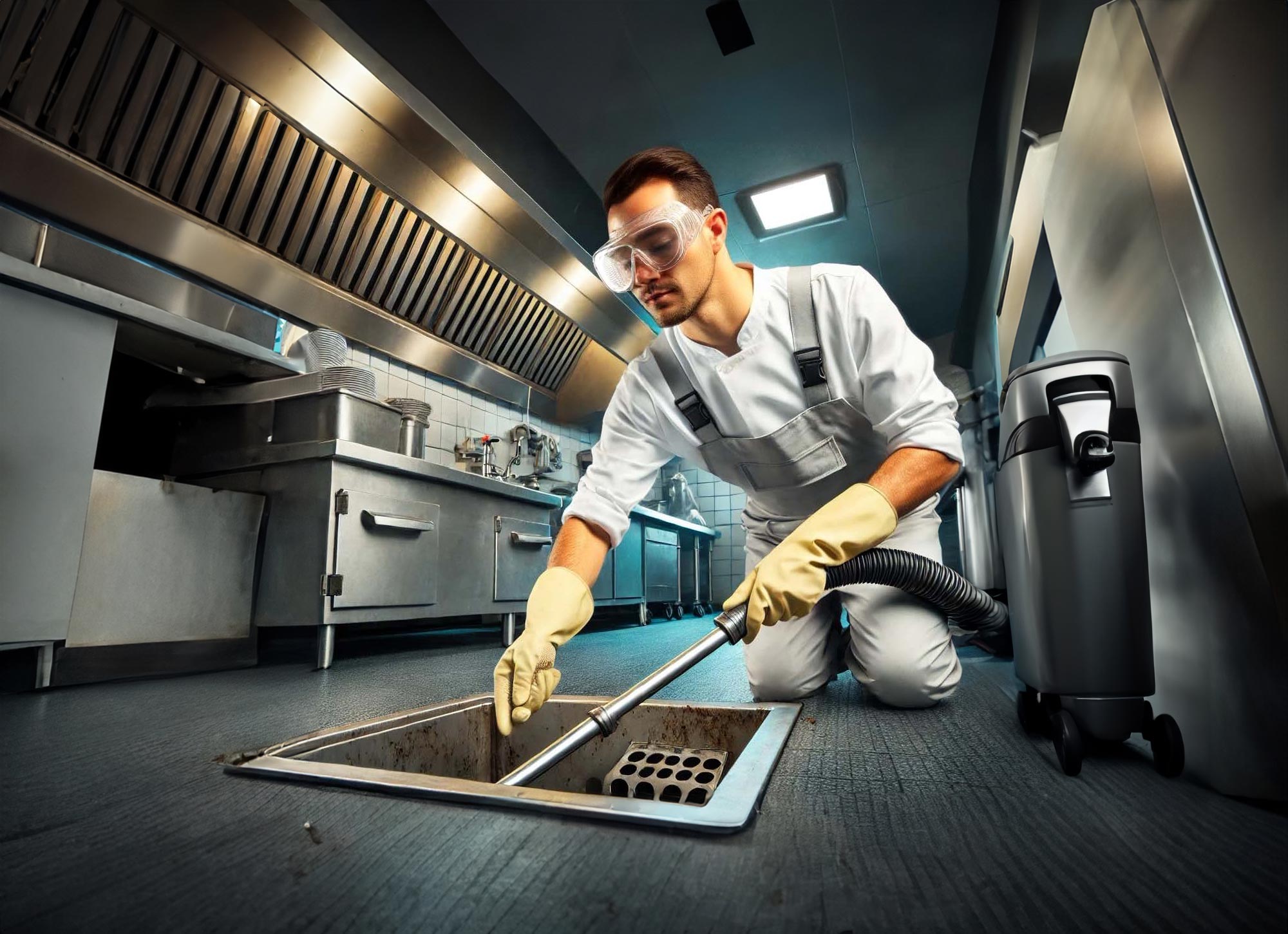 professional cleaner in a real world restaurant-kitchen cleaning a grease trap